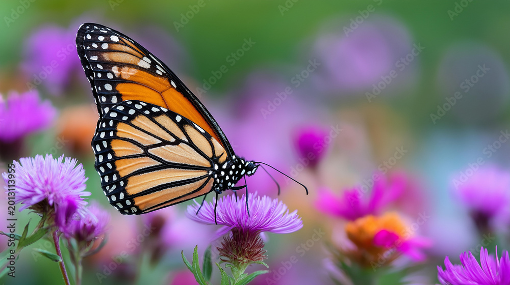 Fototapeta premium Close-up of a monarch butterfly resting on a wildflower with wing pattern in sharp focus, butterfly nature photography concept, monarch close-up, garden wildlife macro, defocused