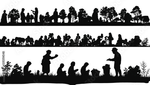 Silhouettes of diverse people engaged in agricultural labor and communal activities.