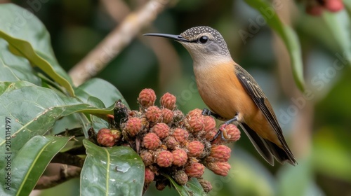 Beautiful Bird Perched on Tropical Plant with Pink Berries and Leaves