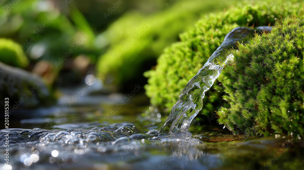 Fototapeta premium Close-up of flowing water over mossy rocks in a sunlit stream, nature water photography concept, freshwater stream macro, light on water detail, defocused background, with copy