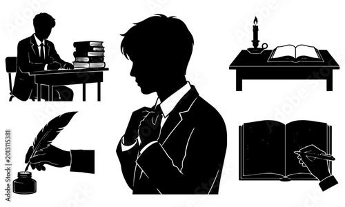 Silhouette of man writing and reading with books and candle  vintage study scene with author thinking and writing with quill pen