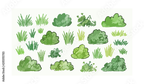 Tableau sur toile Childlike green grass and bush set with crayon texture hand drawn lawn and folia