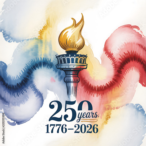 Watercolor illustration of a symbolic torch celebrating a 250-year national milestone, representing freedom and enduring heritage