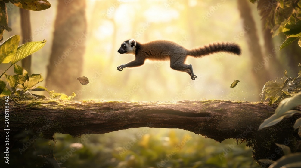 Fototapeta premium Curious Lemur Leaps Through Sunlit Forest in Vibrant Jungle Scene
