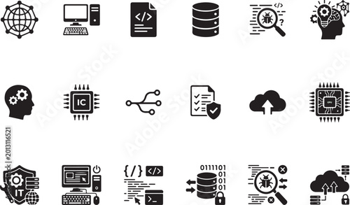 Software development icon. Information technology, computer, programming, data, debug, thinking, chip. Solid vector icons collection.
