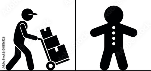 Photos Delivery Worker with Hand Truck and Gingerbread Man Cookie Vector Icon Set for L