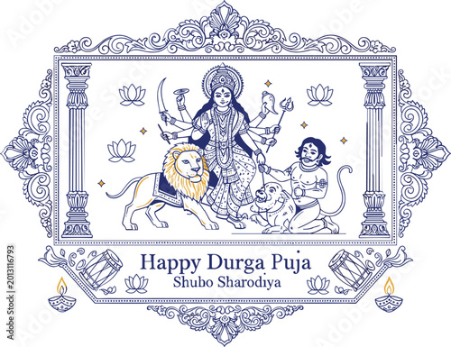 Happy Durga Puja Shubo Sharodiya Blue Line Art Goddess with Lion and Decorative Frame Design