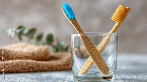 Two eco-friendly bamboo toothbrushes with differently colored bristles placed crossed inside a transparent glass with a blurred towel and green plant in the backgrou