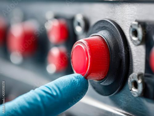 Person wearing blue glove pressing red emergency stop button on industrial machinery control panel for safety and shutdown procedures in factory environment