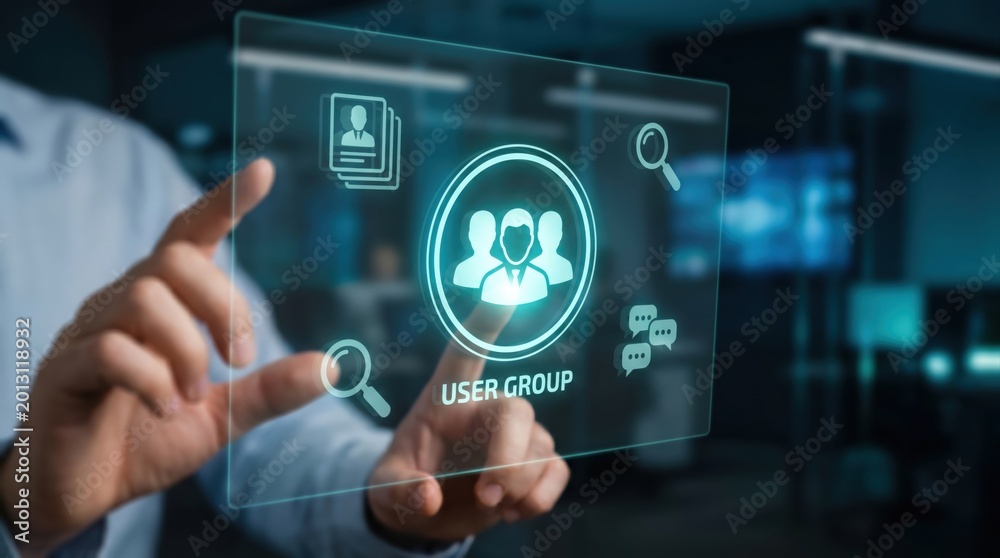 Fototapeta premium Futuristic Recruitment Technology Concept: Professional Interacting with Holographic HR Dashboard, Candidate Profiles, and Talent Acquisition Interface