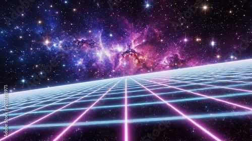 Retro Neon Grid Perspective in Deep Space. Abstract Synthwave Digital Universe Background.