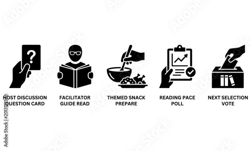 black and white icons for book club meeting activities including hosting discussions and voting on next book selections