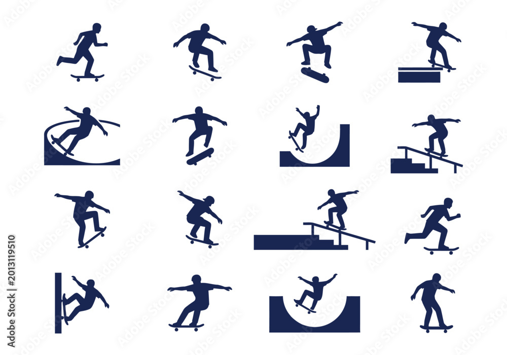 Fototapeta premium Collection of skateboarder silhouettes performing various tricks and stunts