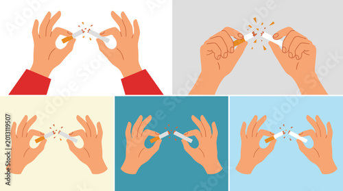Foto Hands breaking cigarette illustrations collection symbolizing quitting smoking,