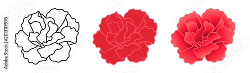 Red Carnation Icons, Black and White Stroke, Red Solid Outline, Red Shaded Gradient Vector Illustrations Scalable