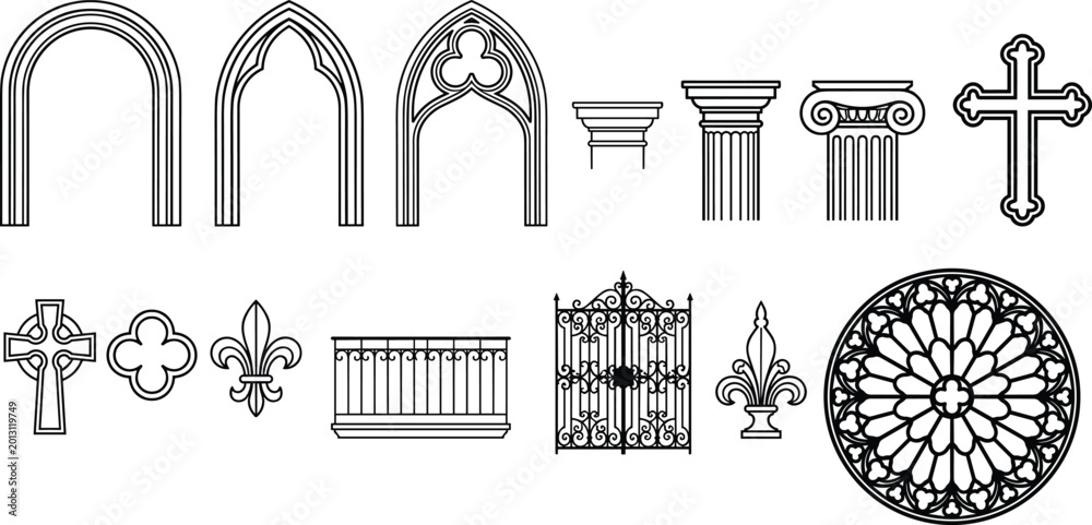 Fototapeta premium Vector Set of Religious and Architectural Icons Featuring Gothic Arches, Crosses, Pillars, and Decorative Elements