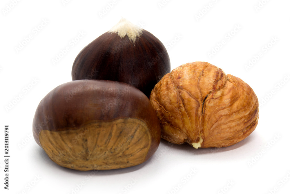 Fototapeta premium Three chestnut edible isolated on white background