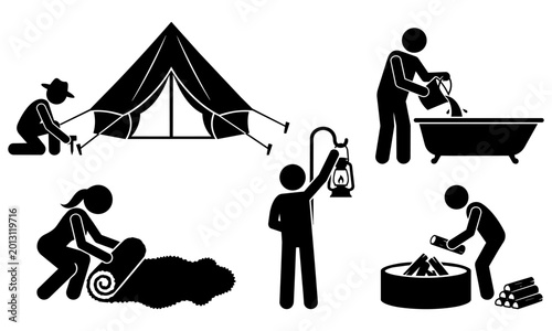 black and white silhouette illustrations of people doing outdoor and camping activities such as setting up tent and preparing fire