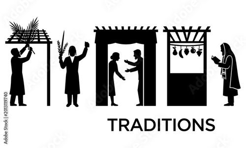 traditional Jewish people performing sukkot customs and rituals  sukkah construction and lulav shaking