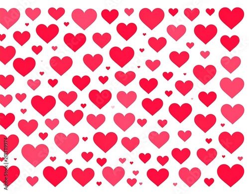 Numerous red and pink hearts scattered across white