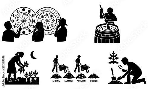 Black silhouettes of people doing gardening and farming activities with various tools and plants isolated on white background