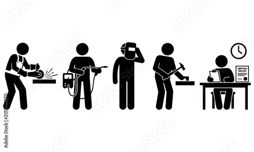 Welding and fabrication process steps with workers in various actions  welding cutting grinding safety