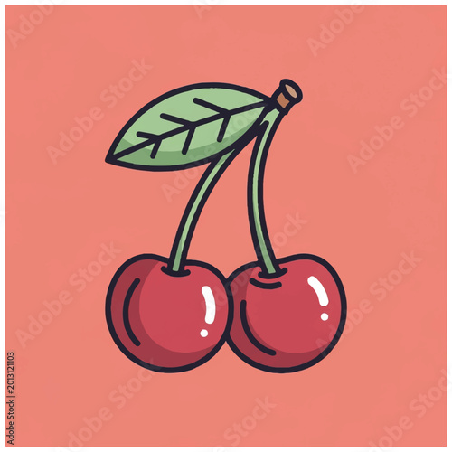 Two Red Cherries with Green Leaf 1.