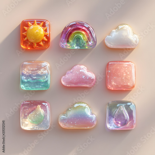 Colorful resin shapes represent sun, rainbow, clouds, water, and raindrop in a bright setting on a light surface