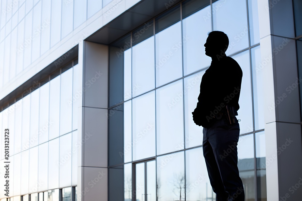 Fototapeta premium A silhouette of a man standing in front of a modern glass building with a cityscape background