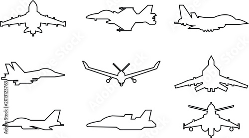 Fighter jet airplane aircraft aviation icon set collection group in black line style featuring plane, jet, flight, warplane synonym elements for military, airforce and transport design use