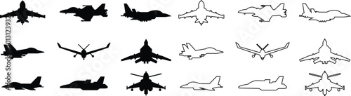 Bilde på lerret Fighter jet airplane aircraft aviation icon set collection group in black flat a