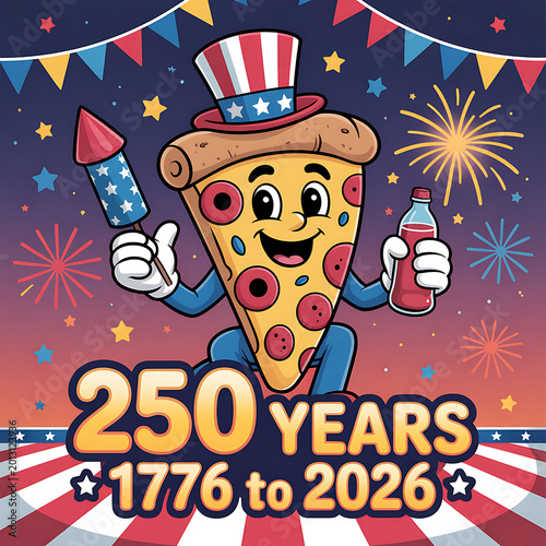Happy 250th Anniversary 1776-2026 Celebrate Independence Day with Pizza, Fireworks, and Soda!