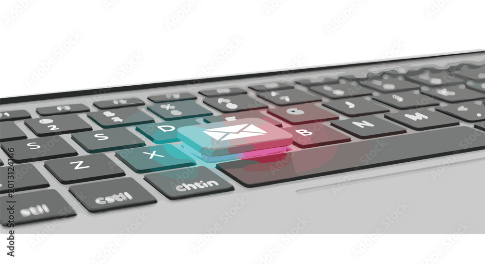 Obraz premium Close-up of a modern laptop keyboard with a glowing blue and pink email icon highlighted on the 'E' key.