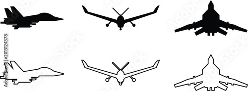 Bilde på lerret Fighter jet airplane aircraft aviation icon set collection group in black flat a