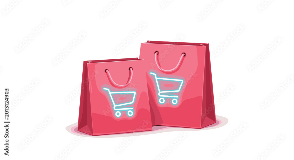Obraz premium Two matching pink shopping bags are placed side by side each displaying a glowing neon blue shopping cart icon on a clean and bright white background.