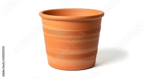 A terracotta pot with a simple design and ridged texture on a white background