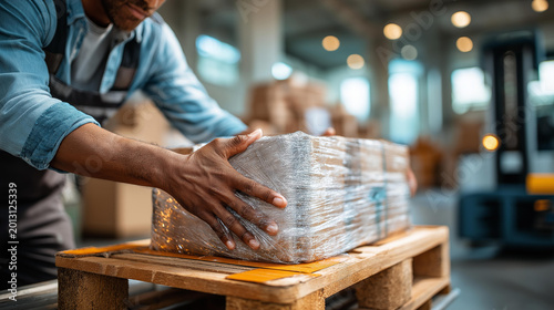 Worker wrapping a pallet of boxes with clear film on a wooden skid in a warehouse as a pallet truck waits nearby
