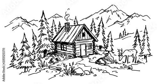Log cabin in mountain forest with deer hand drawn sketch style