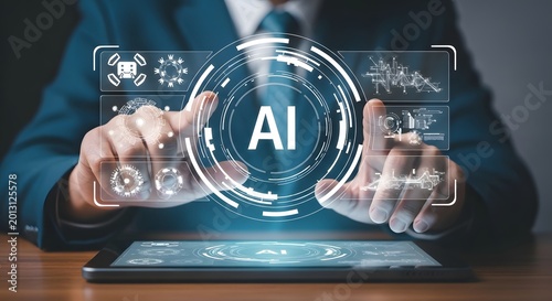 A businessman interacts with an AI interface on a digital tablet in a modern office setting.