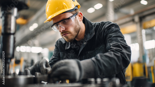Focused factory technician operating industrial machinery while wearing yellow safety helmet and protective eyewear in manufacturing plant.