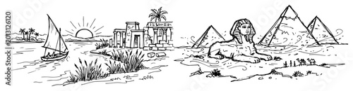 Fotografía Egypt landscape with pyramids Sphinx and Nile river hand drawn sketch style