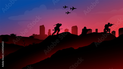 Tableau sur toile Striking silhouette vector illustration of soldiers, tanks, and fighter jets moving across hilly terrain against a dramatic red-to-blue sunset cityscape