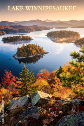 Stunning aerial view of Lake Winnipesaukee New Hampshire during autumn with islands and colorful foliage under a golden sunset sky