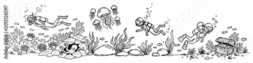 Quadro su tela Scuba divers exploring a coral reef with tropical fish and a treasure chest in h