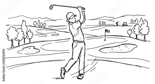 Photos Professional golfer swinging club on scenic course in hand drawn doodle style