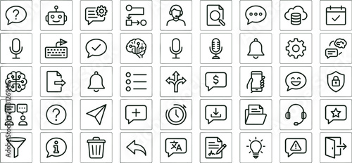 Ai assistant interface and communication line icon set for chatbot dashboard ui productivity workflow and user interaction