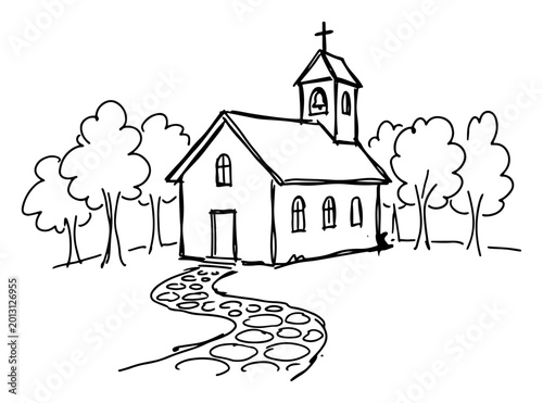 Small country church with stone path and trees in hand drawn doodle style