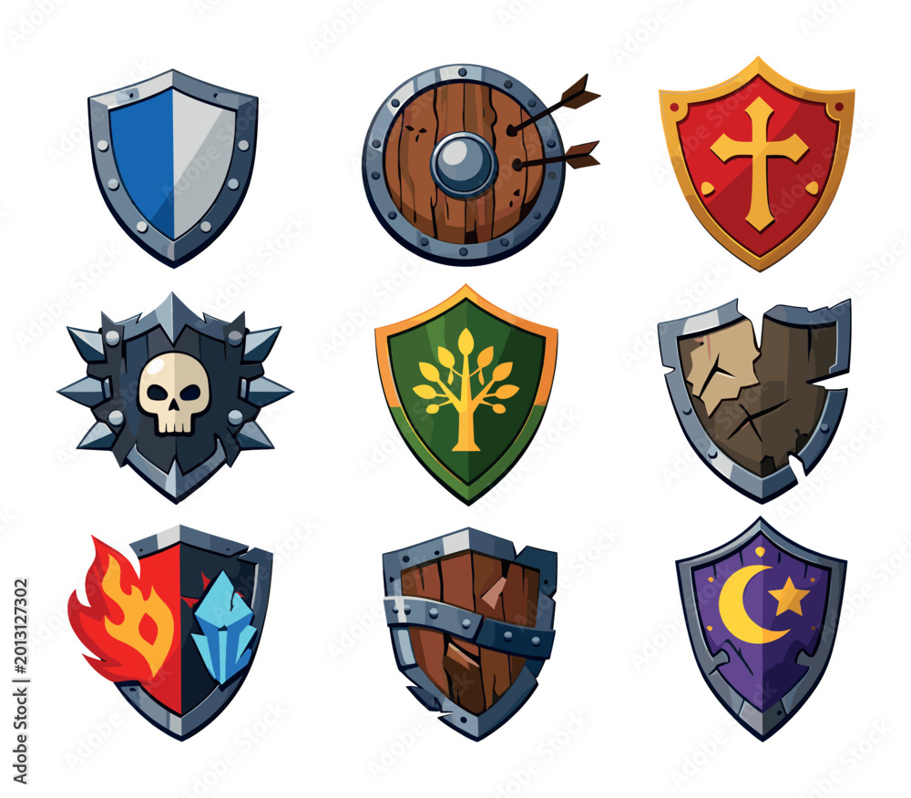 Obraz premium Various cartoon shields with symbols like a cross, skull, tree, moon, and damaged textures, representing game UI assets