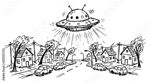 Tableau sur toile UFO spacecraft hovering over a suburban street with houses and cars in hand draw