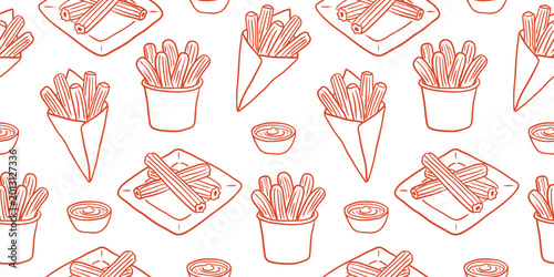 Canvas Print churros seamless pattern hand drawn sketch mexican street food pastry background
